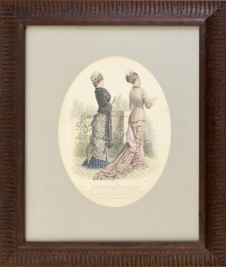 cca 1878 Divatillusztráció a Journal des Demoiselles-ből. Színezett rotációs fametszet, papír. Jelzett a metszeten. 27x20 cm. Dekoratív, üvegezett fakeretben.