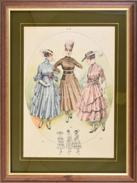 cca 1890 Divatillusztráció. Színezett litográfia, papír. Jelzés nélkül. 39,5x27 cm. Dekoratív, üvegezett fakeretben.