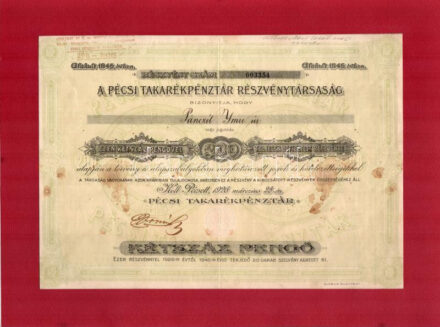 Pécs 1926. 'Pécsi Takarékpénztár Részvénytársaság' névre szóló részvénye 200P-ről, szárazpecséttel, bélyegzéssel, papírkeretbe ragasztva T:III