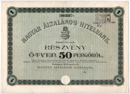 Budapest 1926. 'Magyar Általános Hitelbank' részvénye 50P-ről, szárazpecséttel, szelvényekkel, bélyegzésekkel T:III