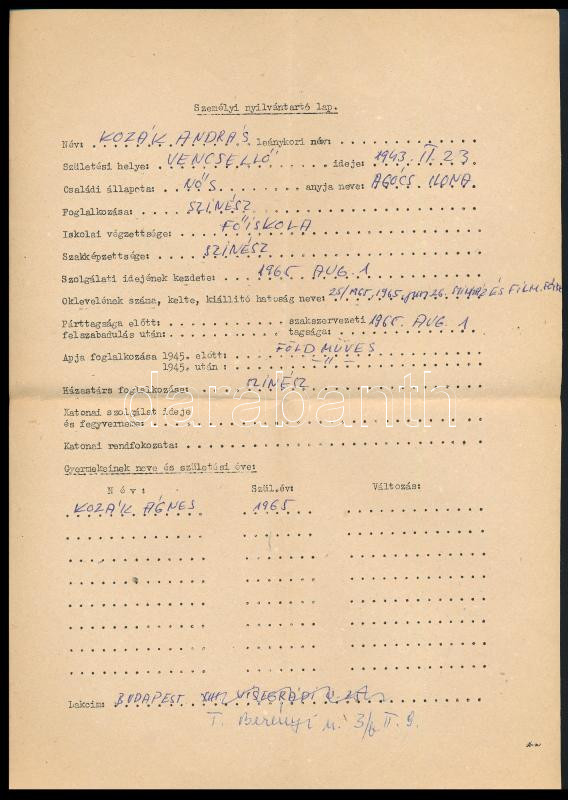 cca 1963 Kozák András (1943-2005) színművész személyi nyilvántartó lapja, valamint saját kézzel írt önéletrajza - Image 2