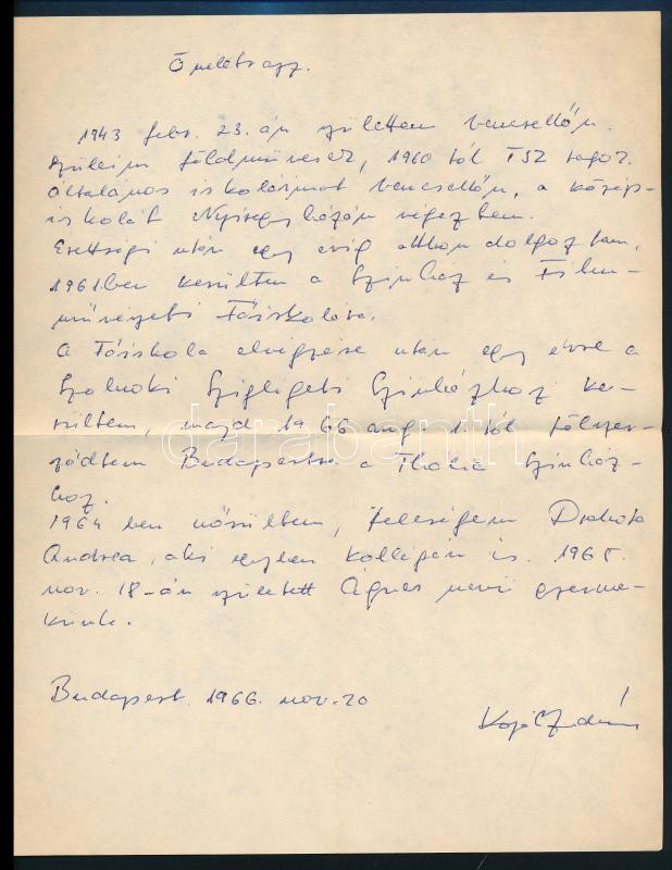 cca 1963 Kozák András (1943-2005) színművész személyi nyilvántartó lapja, valamint saját kézzel írt önéletrajza - Image 3