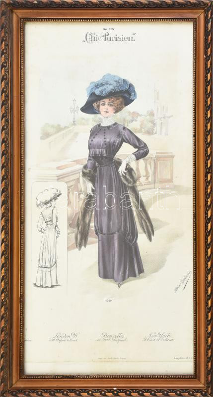 ca 1900-1910 'Chic Parisien' no. 135, színes női divatkép. Színezett litográfia, papír, Atelier Bachwitz kiadása. 42x20 cm. Lapszéli apró szakadással. Dekoratív, üvegezett fakeretben.
