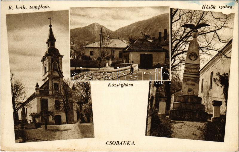 1942 Csobánka, római katolikus templom, Községháza, Hősök szobra. Minihofer József dohányáruda kiadása (fl)