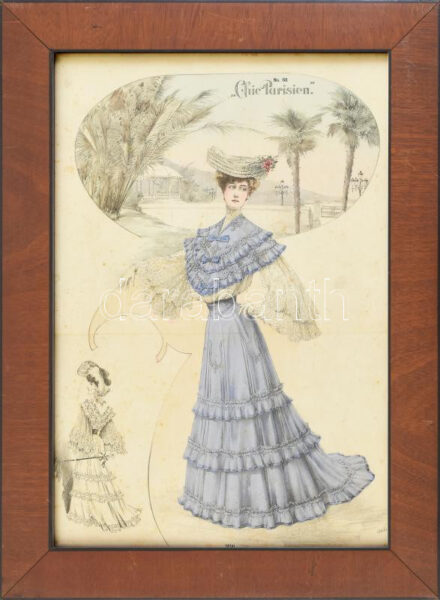 ca 1900 'Chic Parisien' no. 68, színes női divatkép. Színezett litográfia, papír, Atelier Bachwitz kiadása. 38x36,5 cm. Kissé foltos. Dekoratív, üvegezett fakeretben.