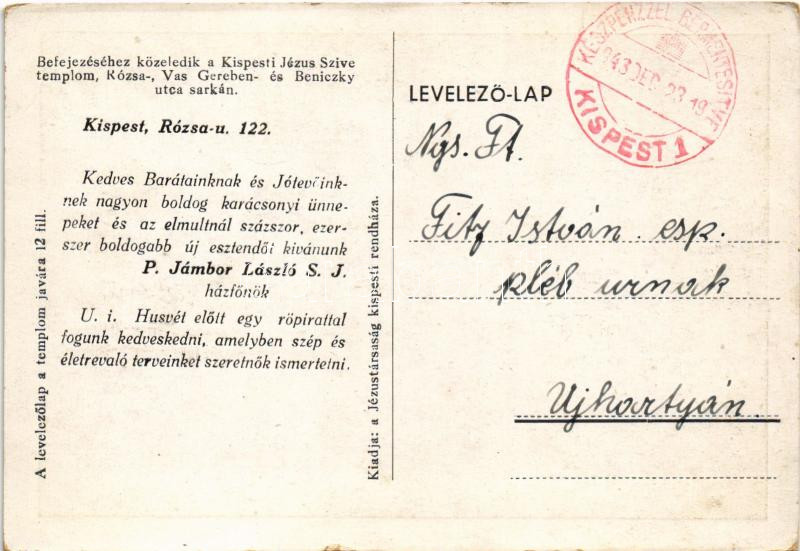 1943 Budapest XIX. Kispest, Jézus Szíve templom a Rózsa-, Vas Gereben- és Beniczky utca sarkán. Rózsa utca 122. (kis szakadás / small tear) - Image 2