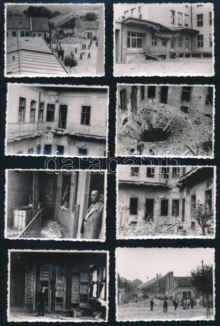1941 Kassa, a június 26-i bombatámadás után készült felvételek, a bombázás okozta károkról. 16 db fotó, a hátoldalon feliratozva (posta, telefonközpont, lakóépületek utca és házszám szerint), 9x6 cm méretben. (A kassai