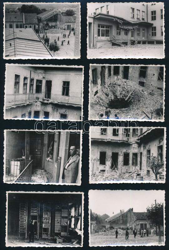 1941 Kassa, a június 26-i bombatámadás után készült felvételek, a bombázás okozta károkról. 16 db fotó, a hátoldalon feliratozva (posta, telefonközpont, lakóépületek utca és házszám szerint), 9x6 cm méretben. (A kassai
