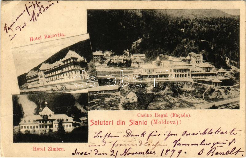 1899 (Vorläufer) Slanic Moldova, Szlanikfürdő; Hotel Racovita, Hotel Zimbru, Casino Regal (Facada) (fa)