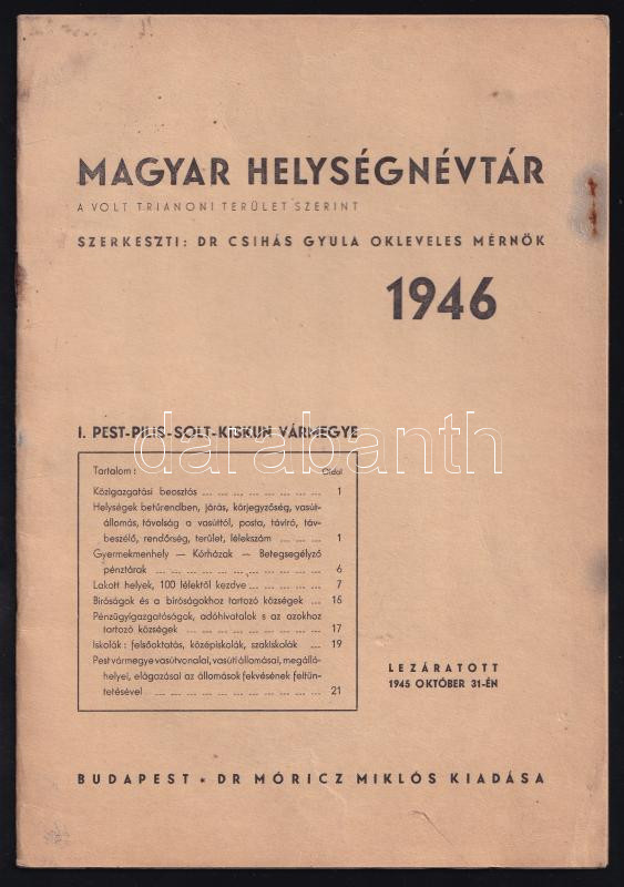 1946 Magyar Helységnévtár a volt trianoni terület szerint, Pest-Pilis-Solt-Kiskun vármegye, szerk.: Dr. Csihás Gyula, 24p