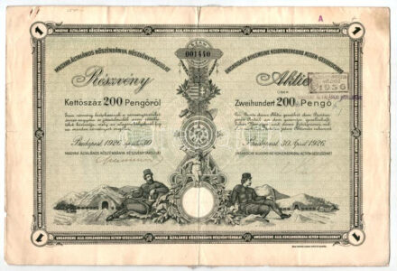 Budapest 1926. 'Magyar Általános Kőszénbánya Részvénytársulat' részvénye 200P-ről, magyar és német nyelven, szelvényekkel, bélyegzésekkel, szárazpecséttel T:F ragasztott