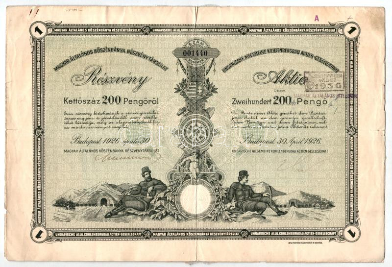 Budapest 1926. 'Magyar Általános Kőszénbánya Részvénytársulat' részvénye 200P-ről, magyar és német nyelven, szelvényekkel, bélyegzésekkel, szárazpecséttel T:F ragasztott