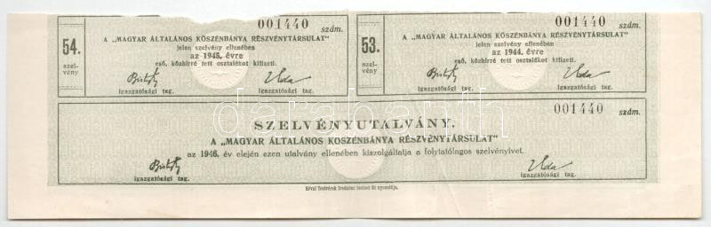 Budapest 1926. 'Magyar Általános Kőszénbánya Részvénytársulat' részvénye 200P-ről, magyar és német nyelven, szelvényekkel, bélyegzésekkel, szárazpecséttel T:F ragasztott - Image 2