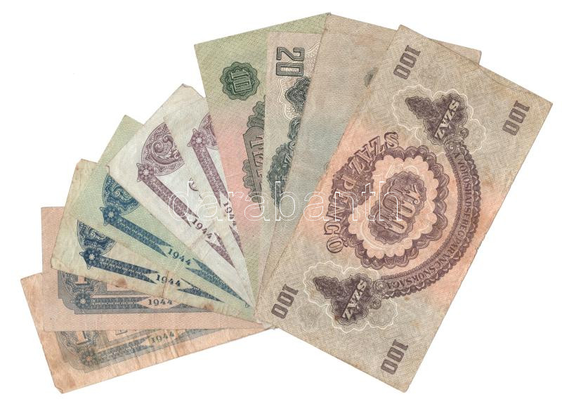 1944. 1P (2x) + 2P (2x) + 5P (2x) + 10P + 20P + 50P + 100P 'A Vöröshadsereg Parancsnoksága' T:F,VG közte folt, szakadás, kis anyaghiány - Image 2