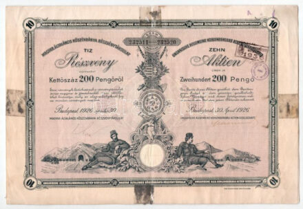 Budapest 1926. 'Magyar Általános Kőszénbánya Részvénytársulat' részvénye 200P-ről, magyar és német nyelven, szelvényekkel, bélyegzésekkel, szárazpecséttel T:F ragasztónyom