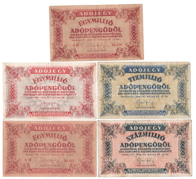 1946. 1.000.000AP (3x) kettő vízjeles papíron és sorszámmal, a harmadik sima papíron sorszám nélkül + 10.000.000AP sima papíron + 100.000.000AP T:F,VG közte folt, szakadás