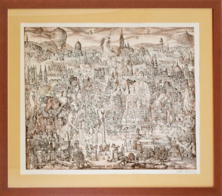 Szabó Vladimir (1905-1991): Budapest 100 éves. Rézkarc, papír, jelzett, üvegezett fakeretben. 49x60 cm / etching on paper, signed, framed