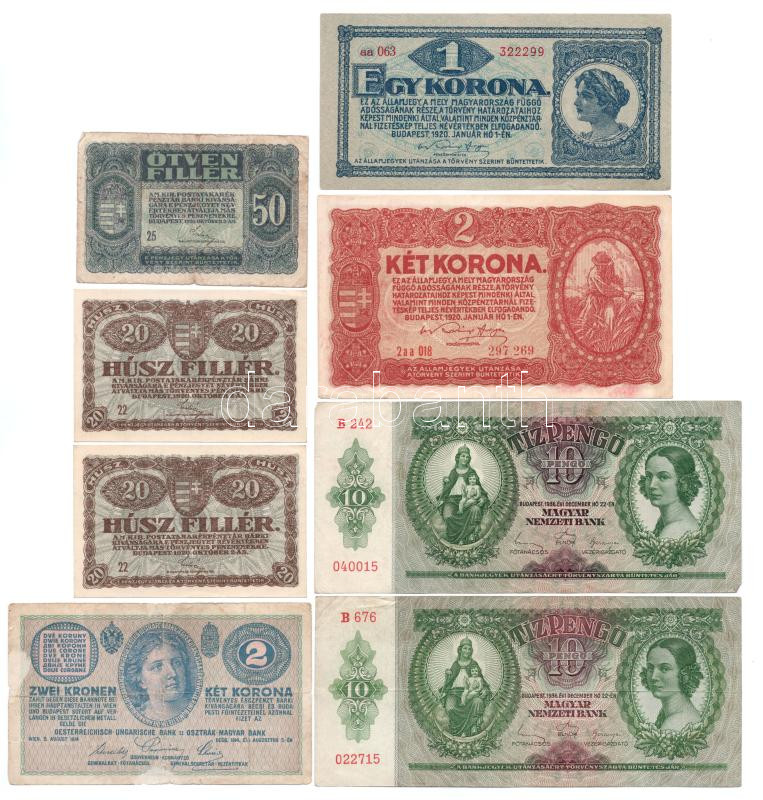 1914. 2K 'C' + 1920. 20f (2x) + 50f + 1K + 2K + 1936. 10P (2x) T:F-VG nagyrészt, közte két db AU