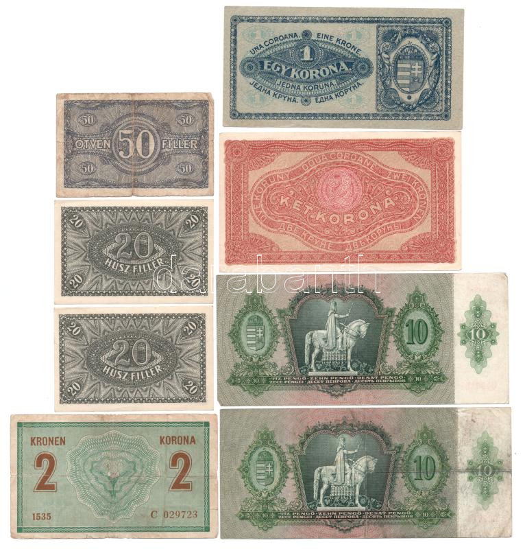 1914. 2K 'C' + 1920. 20f (2x) + 50f + 1K + 2K + 1936. 10P (2x) T:F-VG nagyrészt, közte két db AU - Image 2