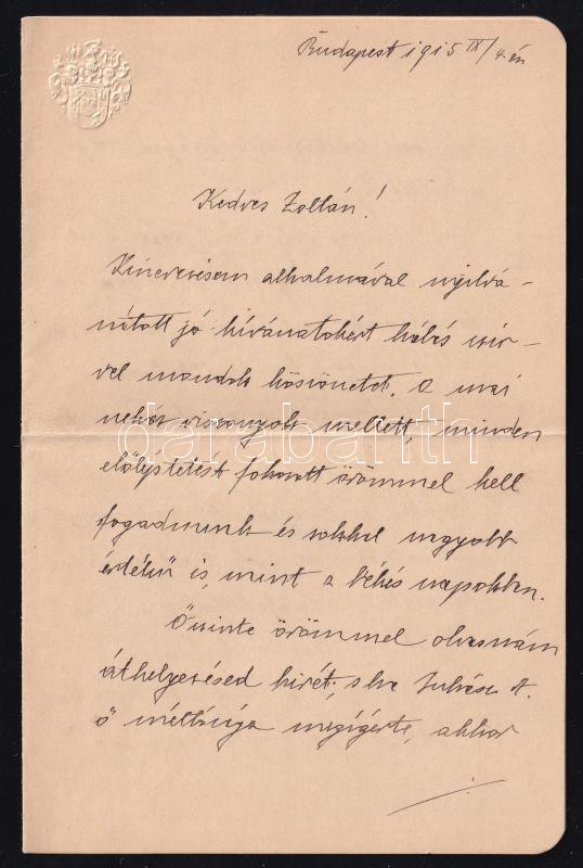 1915 báró Gaizler Géza saját kézzel írt levele nemesi címeres levélpapíron