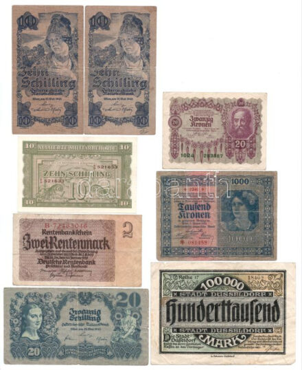 8db-os német és osztrák bankjegy tétel, közte Ausztria / Szövetséges megszállás 1944. 10Sch T:közte egy AU, a többi F,VG kis szakadásokkal, folttal 8pcs of mixed german and austrian banknote lot, in it Austria / Allied Occupation 1944.