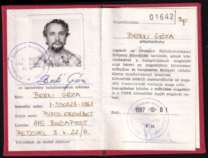1987 Arcképes igazolvány tánczenész részére