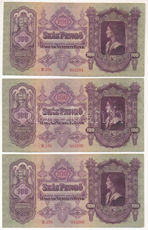1930. 100P (3x) sorszámkövetők 'E 236 042204 - E 236 042206' T:F közte szép papír