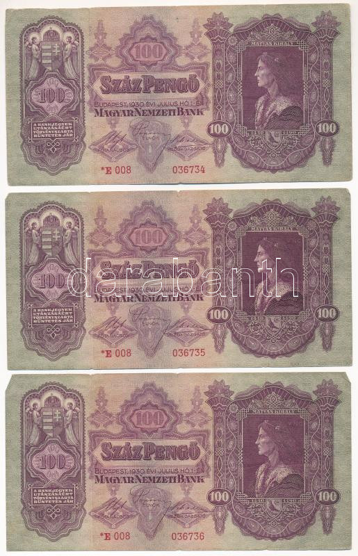 1930. 100P (3x) sorszámkövetők ' *E 008 036734 - *E 008 036736' T:F,VG szakadás, kis anyaghiba