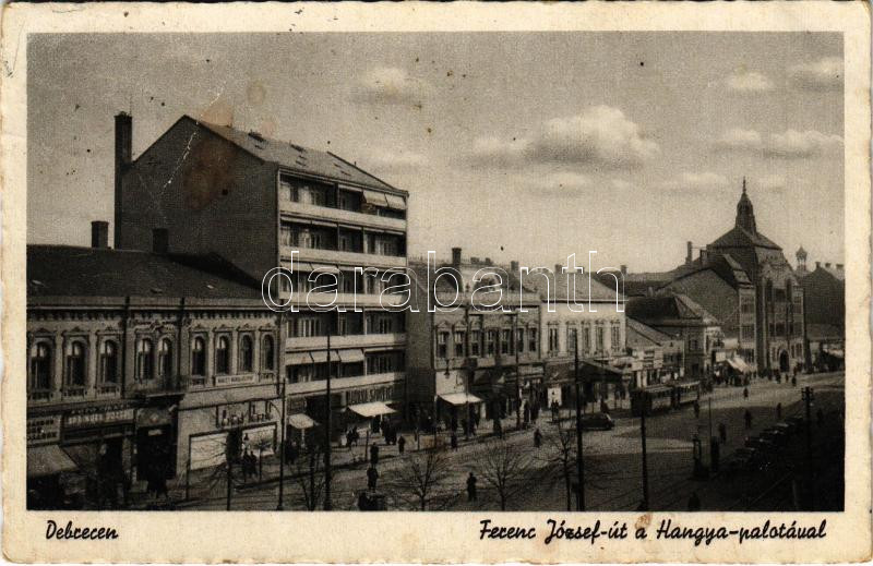 Debrecen, Ferenc József út, Hangya palota, villamos, Springer József üzlete (Rb)