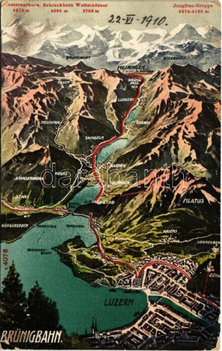 1910 Brünigbahn / Swiss narrow gauge railway line that links Lucerne with Interlaken, map (EK)