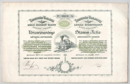 Budapest 1907. 'Temesvár-Varjasi Helyi Érdekű Vasut Részvény-Társaság' törzsrészvénye 200K-ról, magyar és német nyelven, szárazpecséttel T:AU / Hungary 1907. 'Local Interest Railway Share Company of Temesvár-Varjas' share about 200