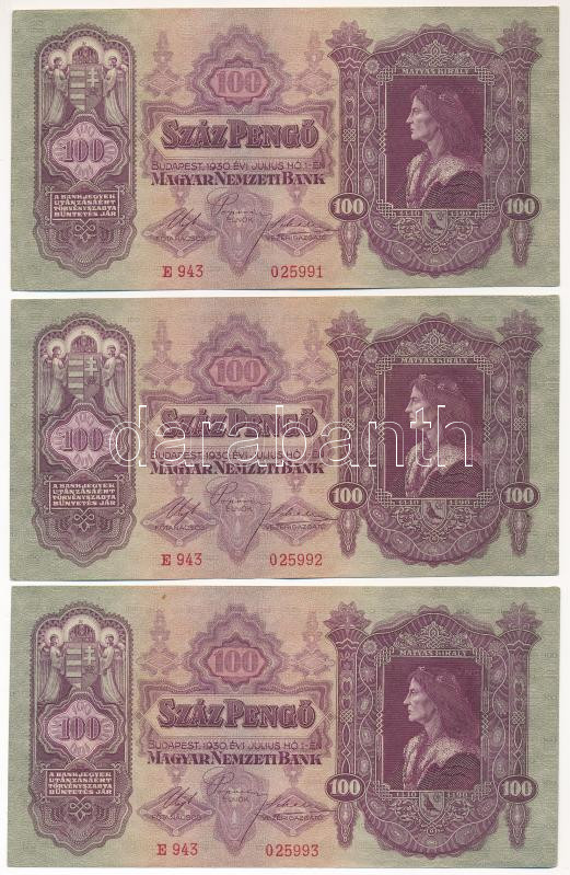 1930. 100P (3x) sorszámkövetők 'E 943 025991 - E 943 025993' T:XF-F közte szép papír, az egyiken apró folt