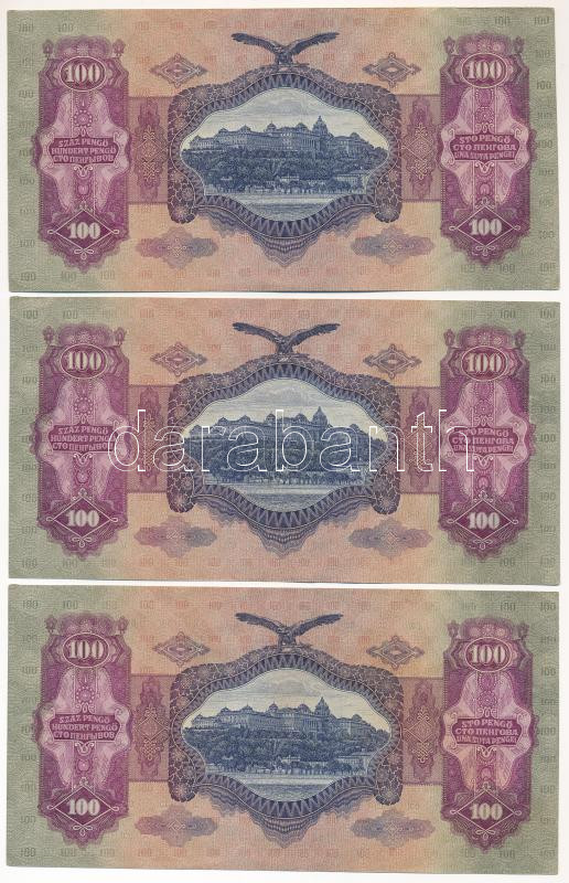 1930. 100P (3x) sorszámkövetők 'E 943 025991 - E 943 025993' T:XF-F közte szép papír, az egyiken apró folt - Image 2