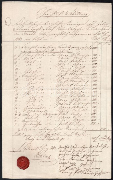 1845 Német nyelvű lajstrom, Eszterházy (Esterházy) névvel a lap tetején, viaszpecséttel, 39,5x24,5 cm.