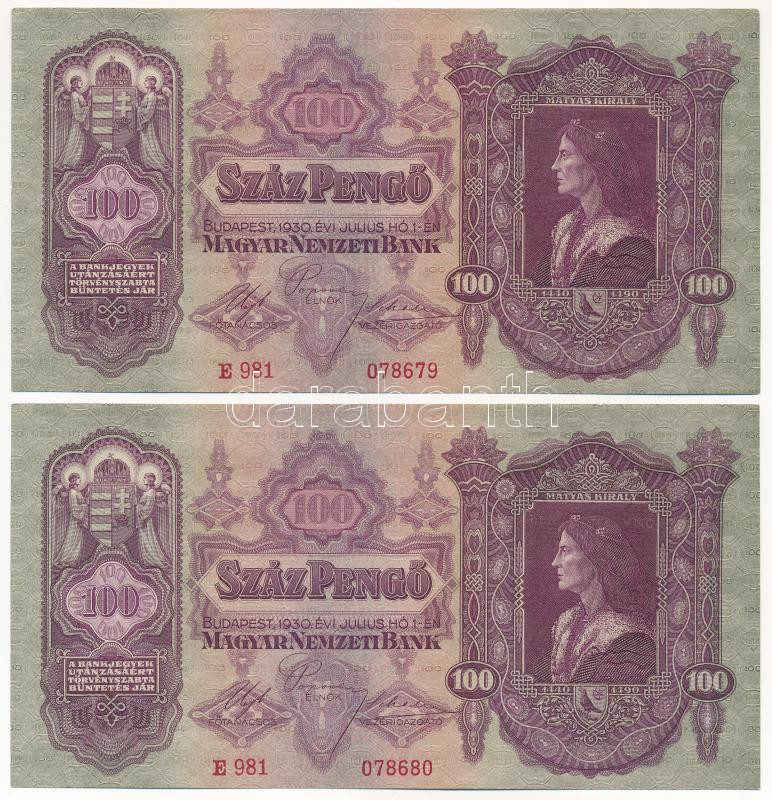 1930. 100P (2x) sorszámkövetők 'E 981 078679 - E 981 078680' T:VF,F szép papír