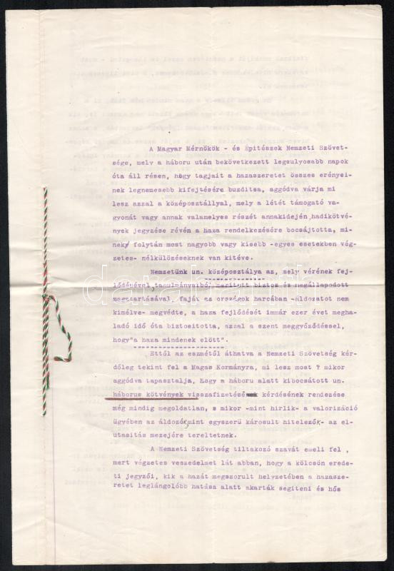 1925 Magyar Mérnökök és Építészek Szövetsége beadványa a kormányhoz a háborús kötvények visszafizetése ügyében, sokszorosított gépirat, Jendrassik Kornél (1868-1931) gépészmérnök, a Szövetség titkára, a gépészeti,