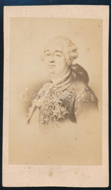 cca 1860 XVI. Lajos francia király fénynyomatú portréja, vizitkártya méretben, hátoldalán pecséttel jelzett (Calderoni & Co. Optiker Pest), 10,5x6 cm / Louis XVI of France, heliogravure portrait in CDV size