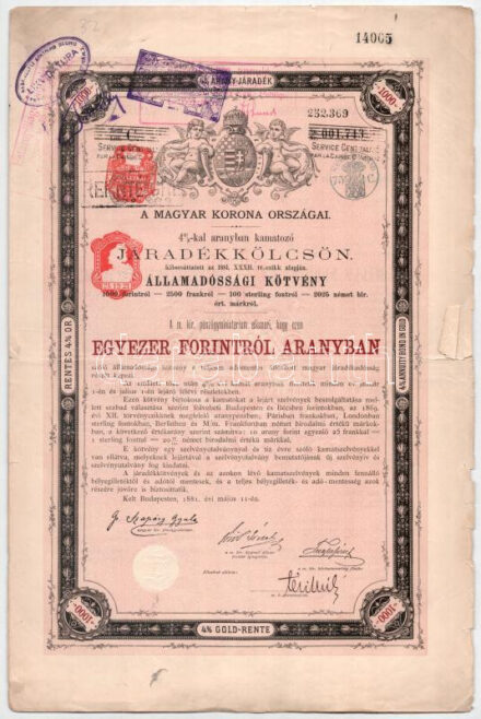 Budapest 1881. 'A Magyar Korona országai - 4%-kal aranyban kamatozó járadékkölcsön' államadóssági kötvény 1000Ft-ról aranyban, szárazpecséttel és bélyegzésekkel, francia nyelvű szelvényekkel T:F nagy szakadások / Hungary /