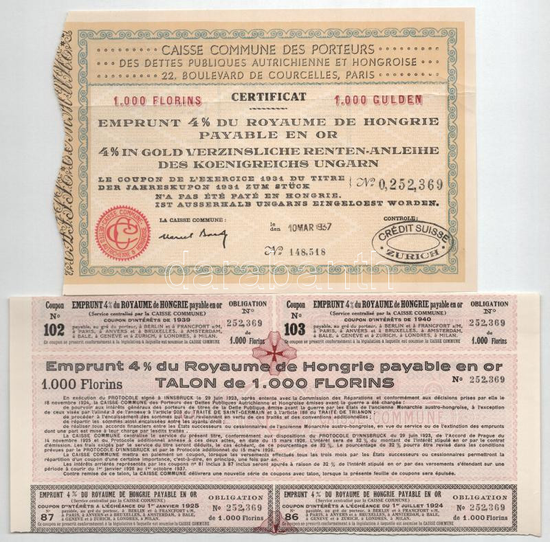 Budapest 1881. 'A Magyar Korona országai - 4%-kal aranyban kamatozó járadékkölcsön' államadóssági kötvény 1000Ft-ról aranyban, szárazpecséttel és bélyegzésekkel, francia nyelvű szelvényekkel T:F nagy szakadások / Hungary / - Image 2
