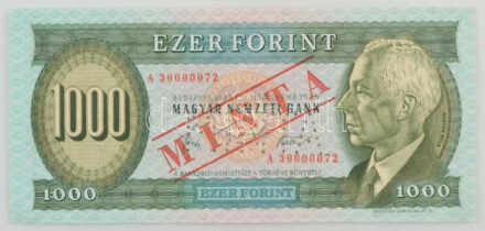1983. március 25. 1000Ft 'A 30000072' sorszámmal, piros 'MINTA' felülnyomással perforációval T:F szép papír / Hungary 25.03.1983.1000 Forint with 'A 30000072' serial number and with red 'MINTA' (SPECIMEN) overprint and perforation C:F fine