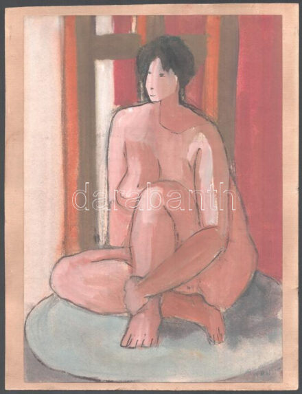 Olvashatatlan jelzéssel: Ülő női akt. Vegyes technika, papír, kartonra kasírozva. 30x21 cm