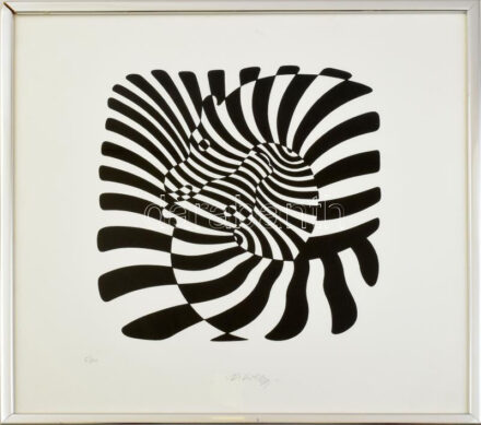 Vasarely, Victor (1908-1997): Zebrák. Szitanyomat, papír, jelzett a nyomaton, számozott (6/90). Üvegezett, sérült fakeretben, 48x48 cm / Vasarely, Victor (1908-1997): Zebras. Screenprint on paper, with printed signature, numbered (6/90),