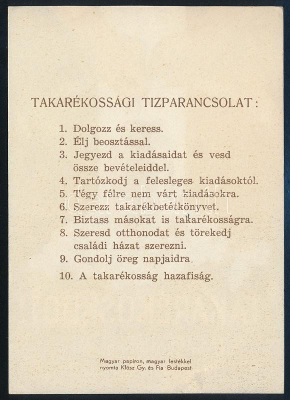 'Takarékosság=hazafiság, Takarékoskodj!' takarékossági nap reklámlap, Gönczi-Gebhardt Tibor (1902-1994) grafikája, 13,5×9,5 cm - Image 2