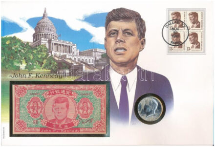 Amerikai Egyesült Államok 'John F. Kennedy' érmés és bankjegyes felbélyegzett boríték, bélyegzéssel, német leírással, benne 1968. 1/2$ Ag 'Kennedy' érmével és 1.000.000 égetési pénzzel (Hell banknote) T:AU patina USA 'John F.