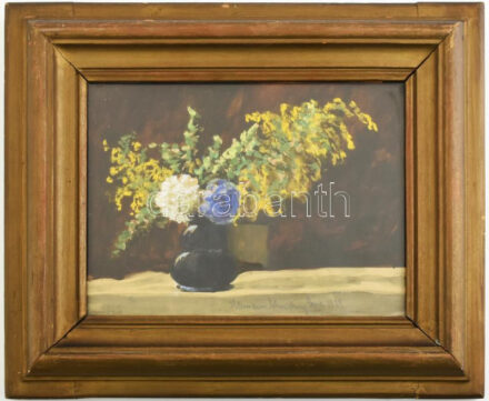 Hermann Sch...ch..y Soma 1929 jelzéssel: Virágcsendélet. Tempera, papír, üvegezett keretben, 18x25 cm