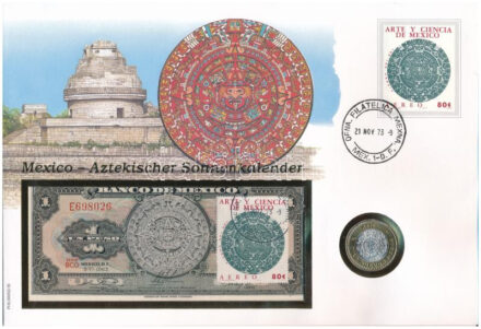 Mexikó 'Azték naptár' érmés és bankjegyes, pecsételt boríték benne 1994. 10P érmével és 1969. 1P bélyeggel és pecsételt bankjeggyel T:UNC,AU