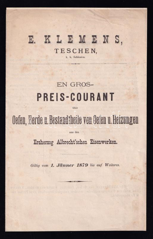 1879 E. Klemens, Teschen kályha, tűzhely stb. árjegyzék, 6p