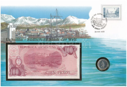 Argentína 1966. 5P + 1978. 100P felbélyegzett borítékban, bélyegzéssel T:UNC,XF Argentina 1966. 5 Pesos + 1978. 100 Pesos in envelope with stamp and cancellation C:UNC,XF