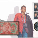 Marshall-szigetek 1996R 5$ Cu-Ni 'James Dean' valamint 1.000.000 égetési pénzzel (Hell banknote), érmés borítékban, első napi bélyegzéses bélyeggel T:PP Marshall Islands 1996R 5 Dollars Cu-Ni 'James Dean' and 1.000.000 Hell banknote in
