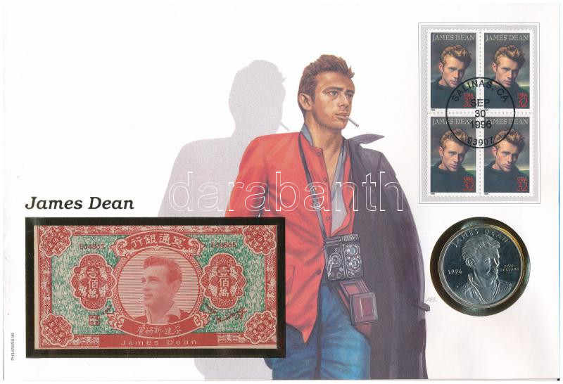 Marshall-szigetek 1996R 5$ Cu-Ni 'James Dean' valamint 1.000.000 égetési pénzzel (Hell banknote), érmés borítékban, első napi bélyegzéses bélyeggel T:PP Marshall Islands 1996R 5 Dollars Cu-Ni 'James Dean' and 1.000.000 Hell banknote in